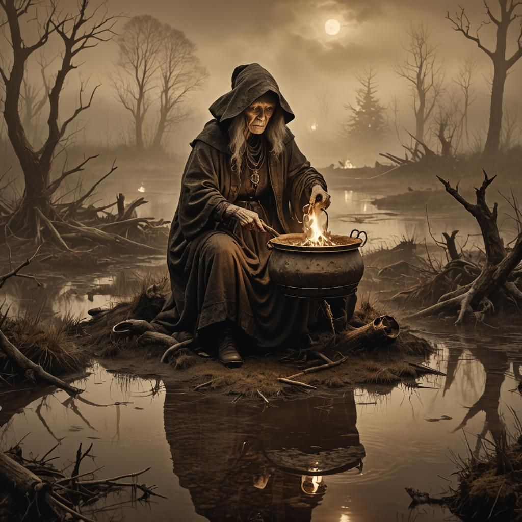 Witch Over Cauldron in Foggy Bog: Digital Matte Painting