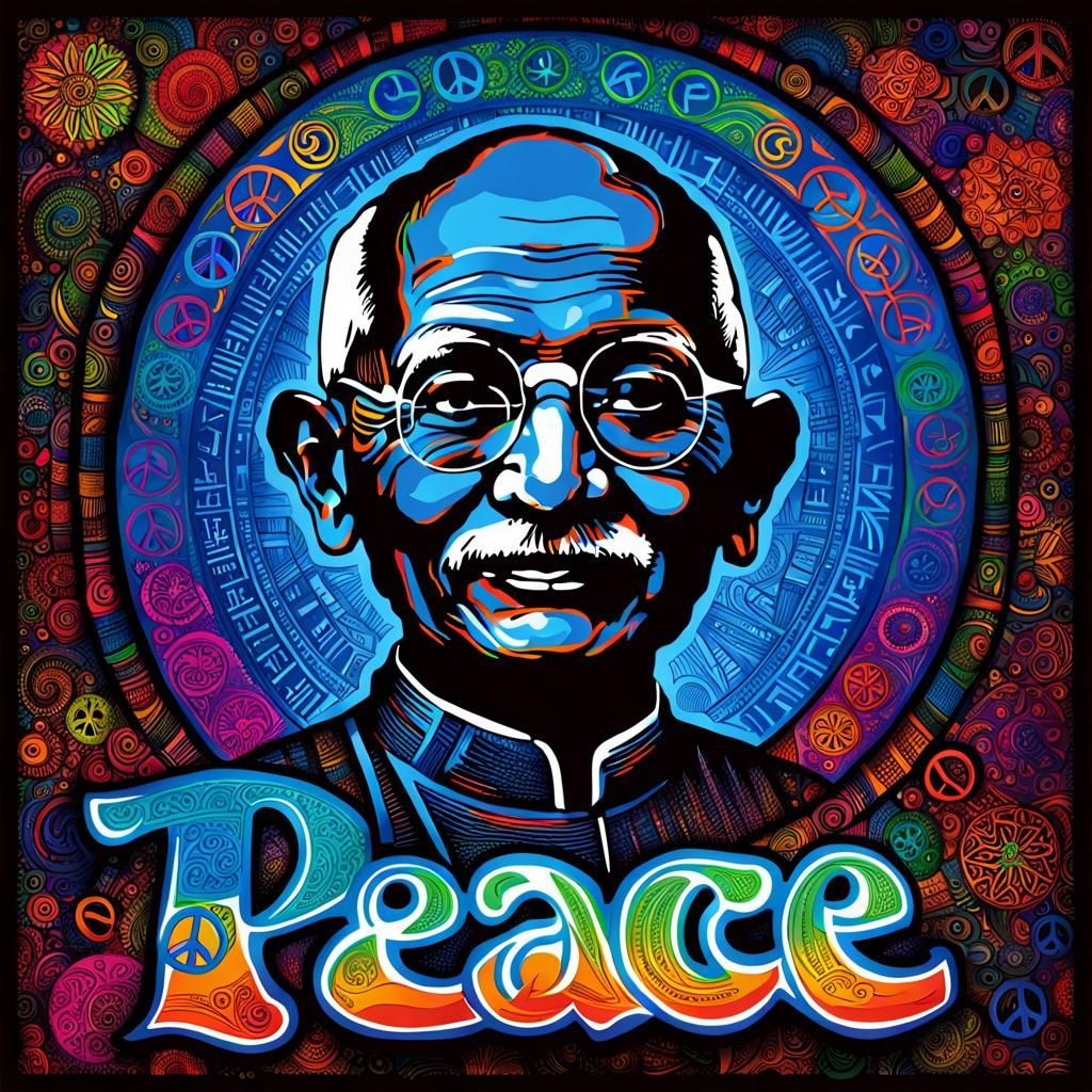 Gandhi Silhouette with Colorful "PEACE" Text