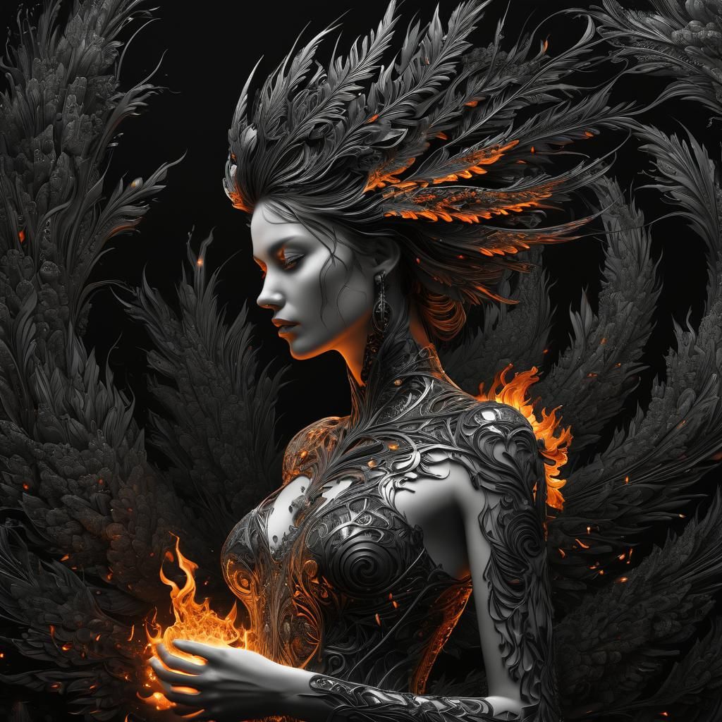 Fiery Phoenix on Fractal Woman in Gothic Landscape