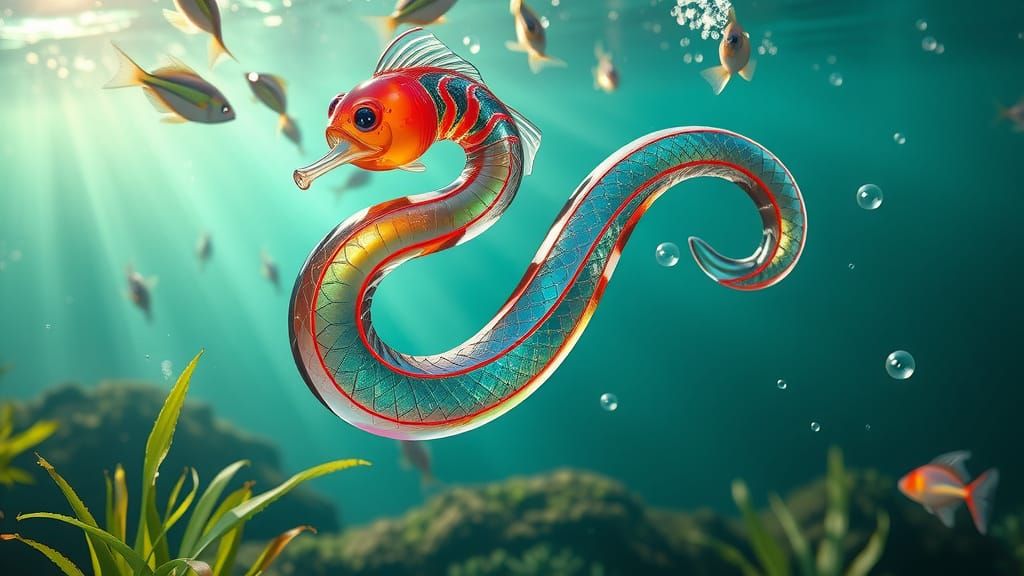 Iridescent Glass Serpent Fish in a Dreamlike Ocean Scene