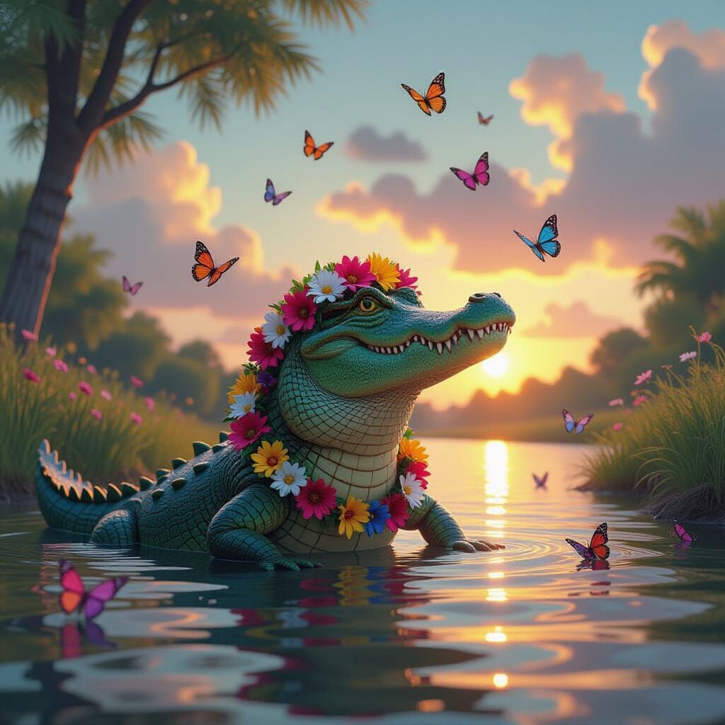 Playful Crocodile with Butterflies in Surreal Landscape