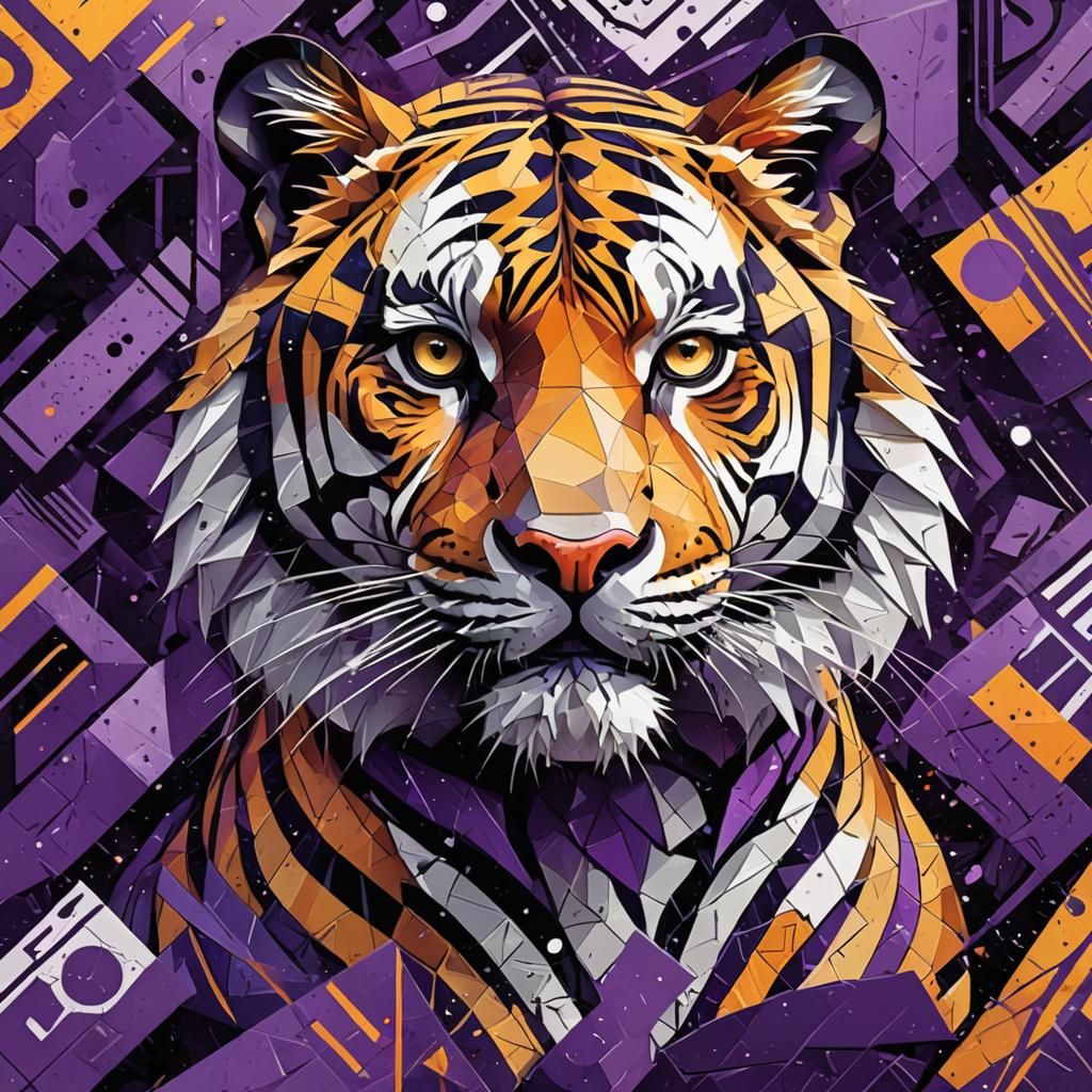 Cubist Tiger Illustration in Purple Pop Art Style