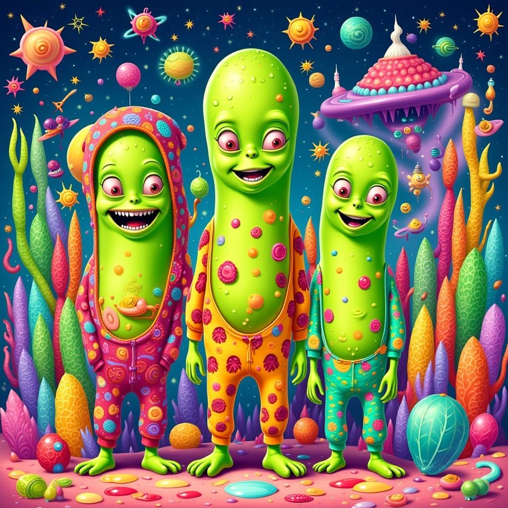Alien Pickles' Pyjama Party: A Cartoon Illustration