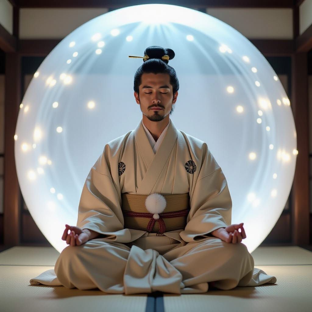 Meditating Japanese Man in Soft Light Cocoon