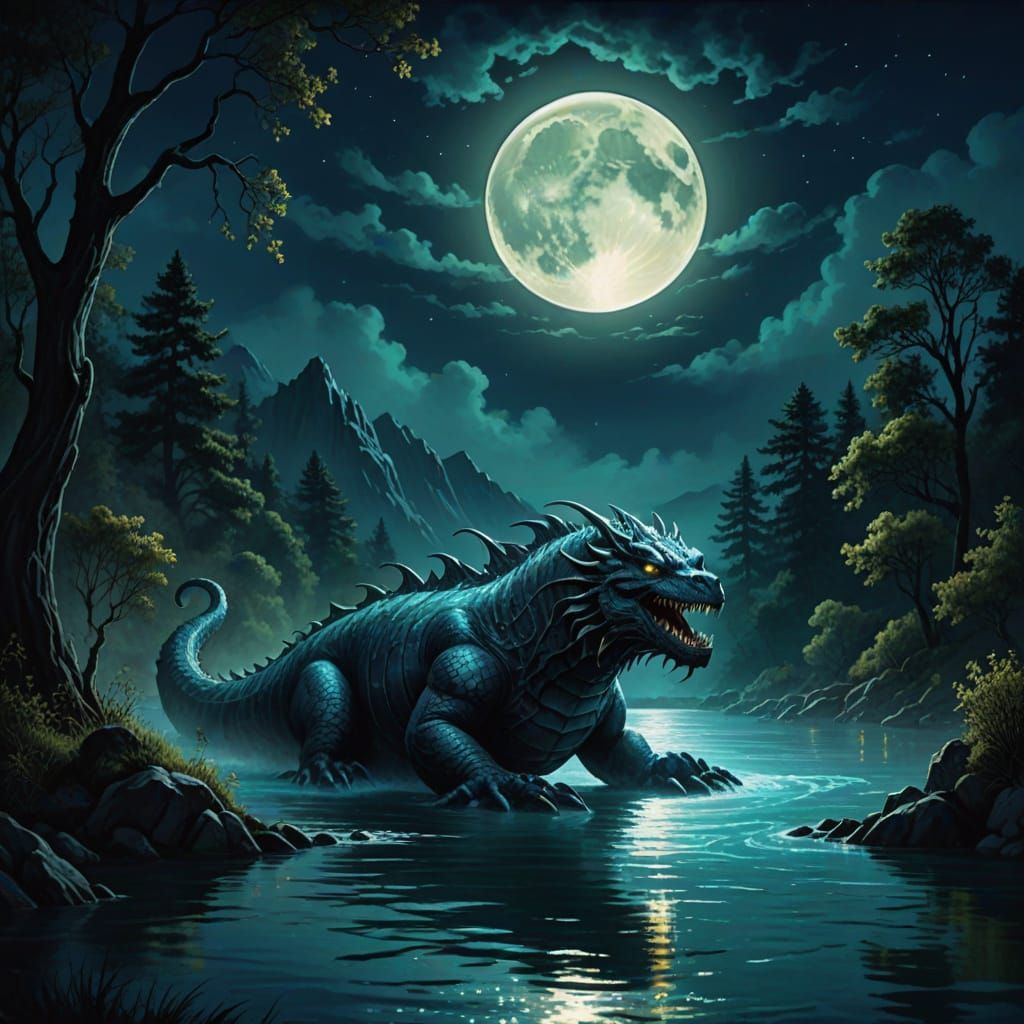 Giant River Monster Illuminated by Full Blue Moon