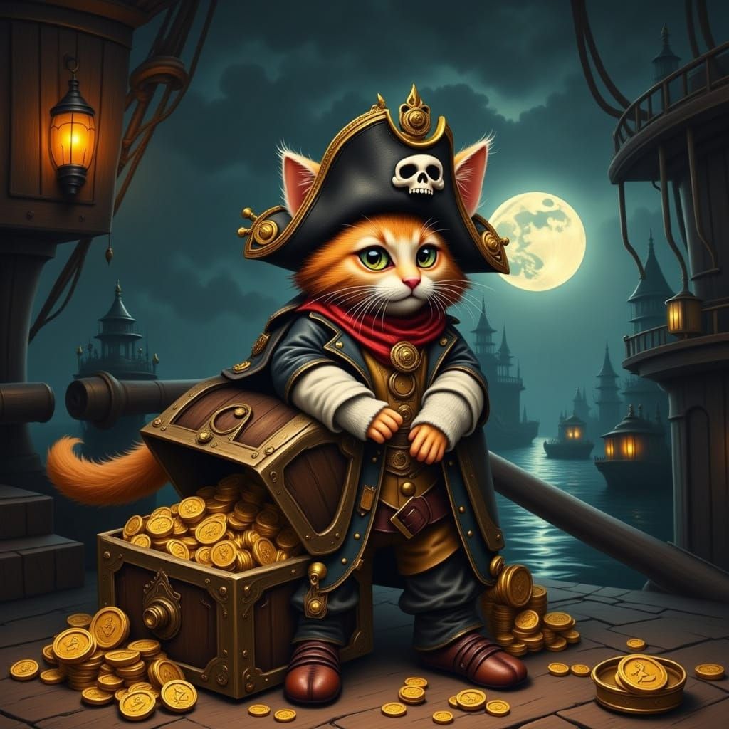 Whimsical Steampunk Pirate Cat in Dreamlike Seascape