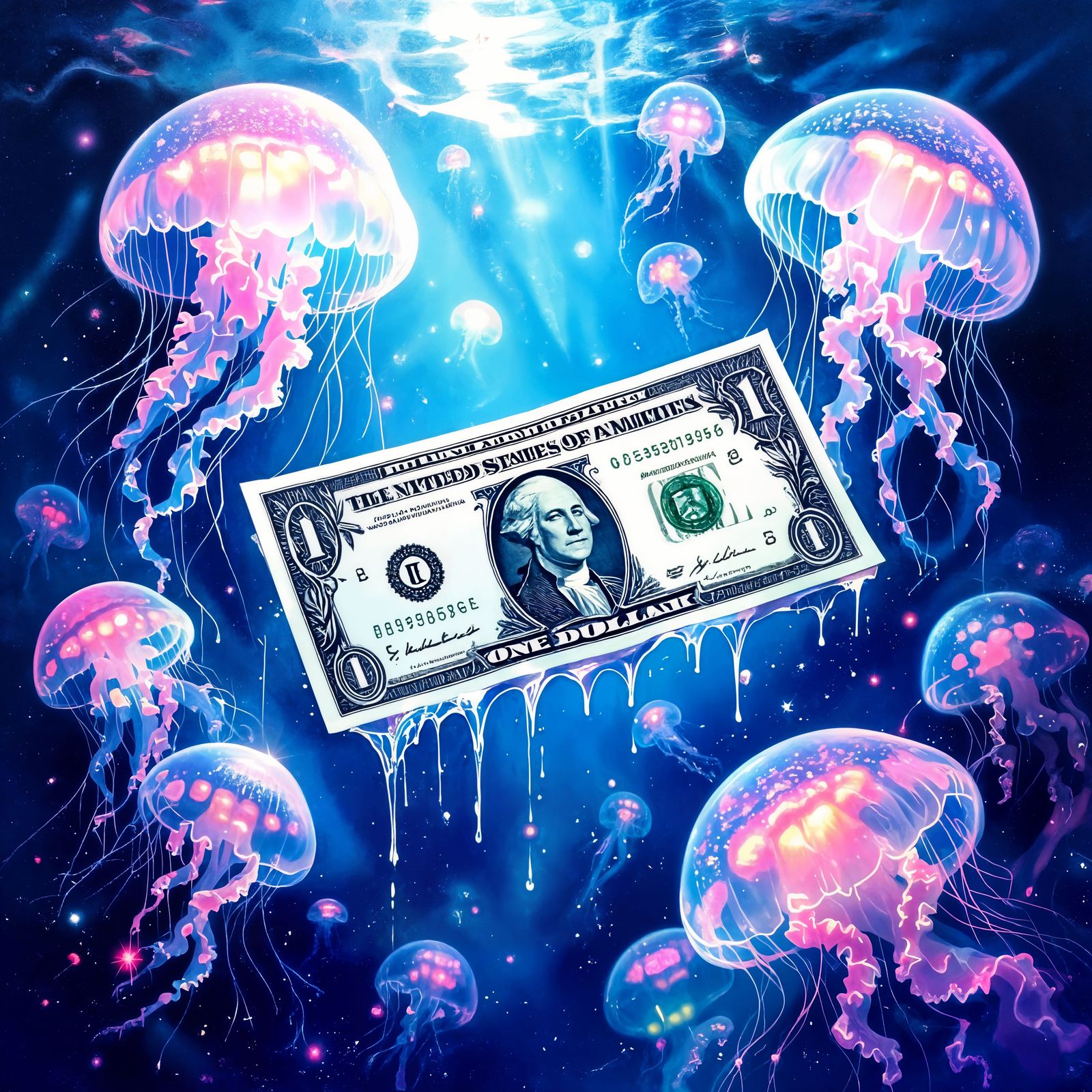 Melting Dollar Bill with Bioluminescent Jellyfish