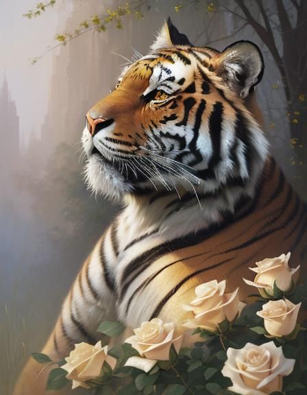 Tiger White beautiful woman roses,8k resolution concept art ...