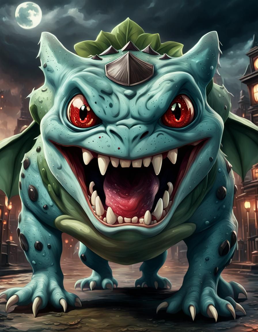 Vampire Bulbasaur with Anime Eyes and Fangs