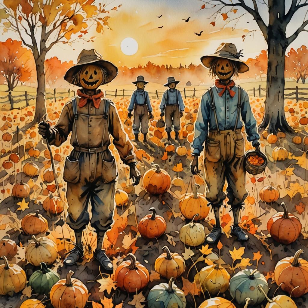 Gourd Scarecrows in Autumn Field, Watercolor and Ink