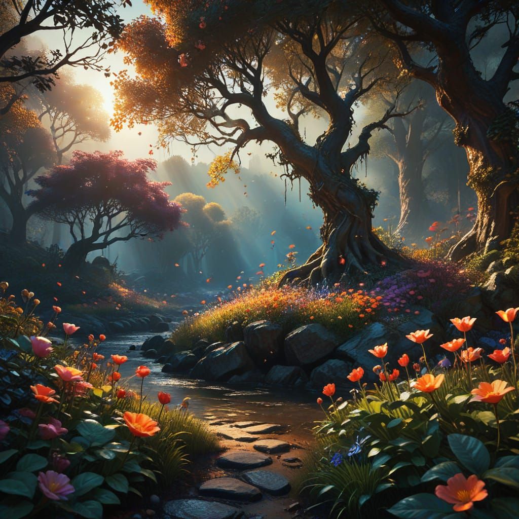 Fantastical Springscape Sunset in Whimsical Digital Watercol...