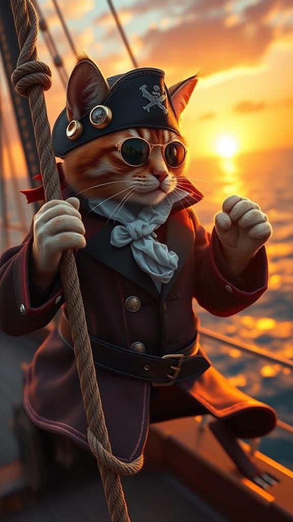 Pirate Cat Swings on Caribbean Ship at Sunset