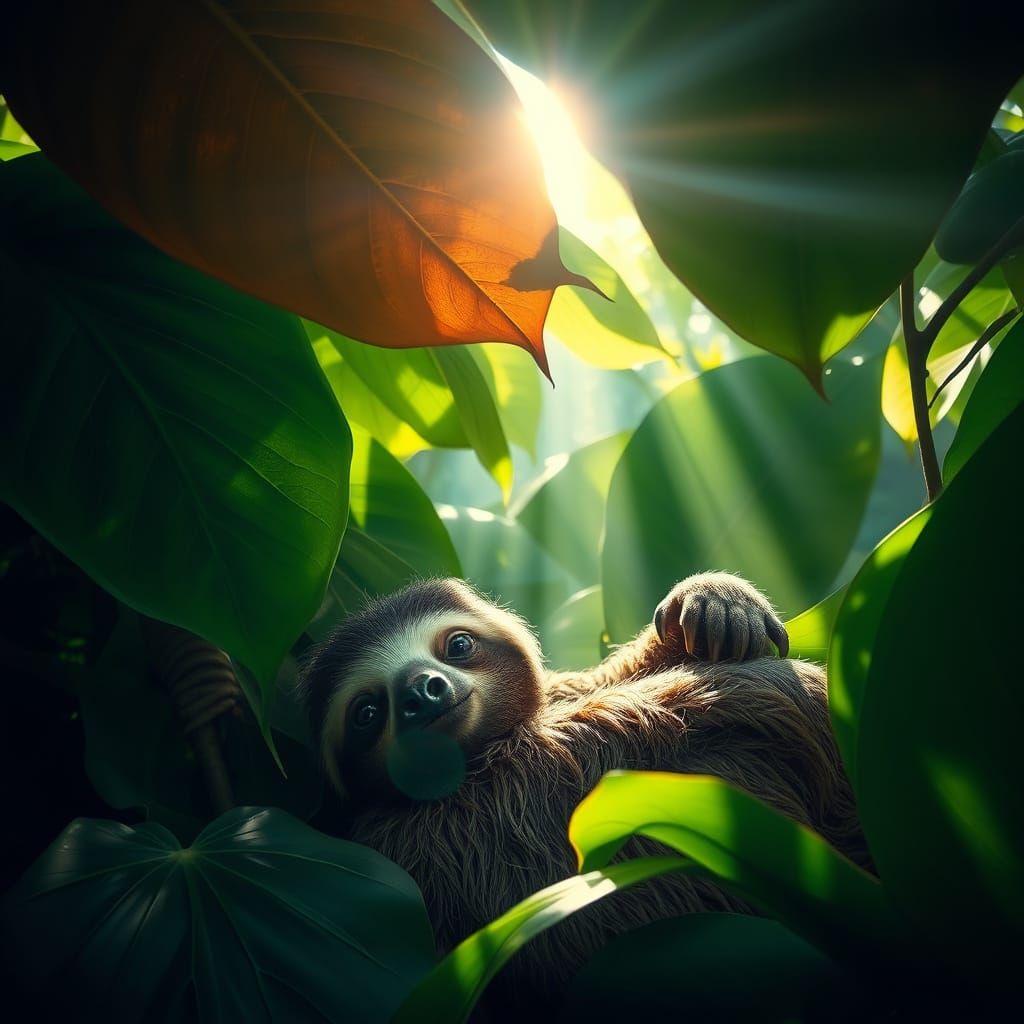 Photorealistic Sloth in Dappled Sunlight Rainforest