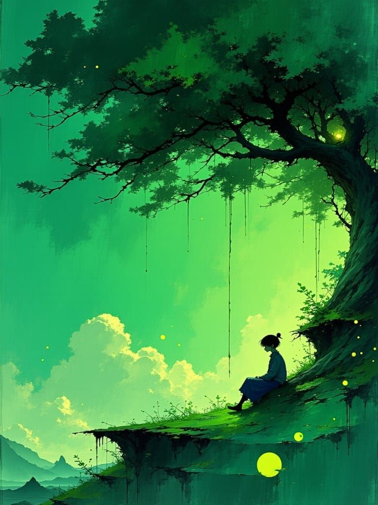 Lone Traveler Rests Under Ancient Tree in Ghibli-Inspired An...