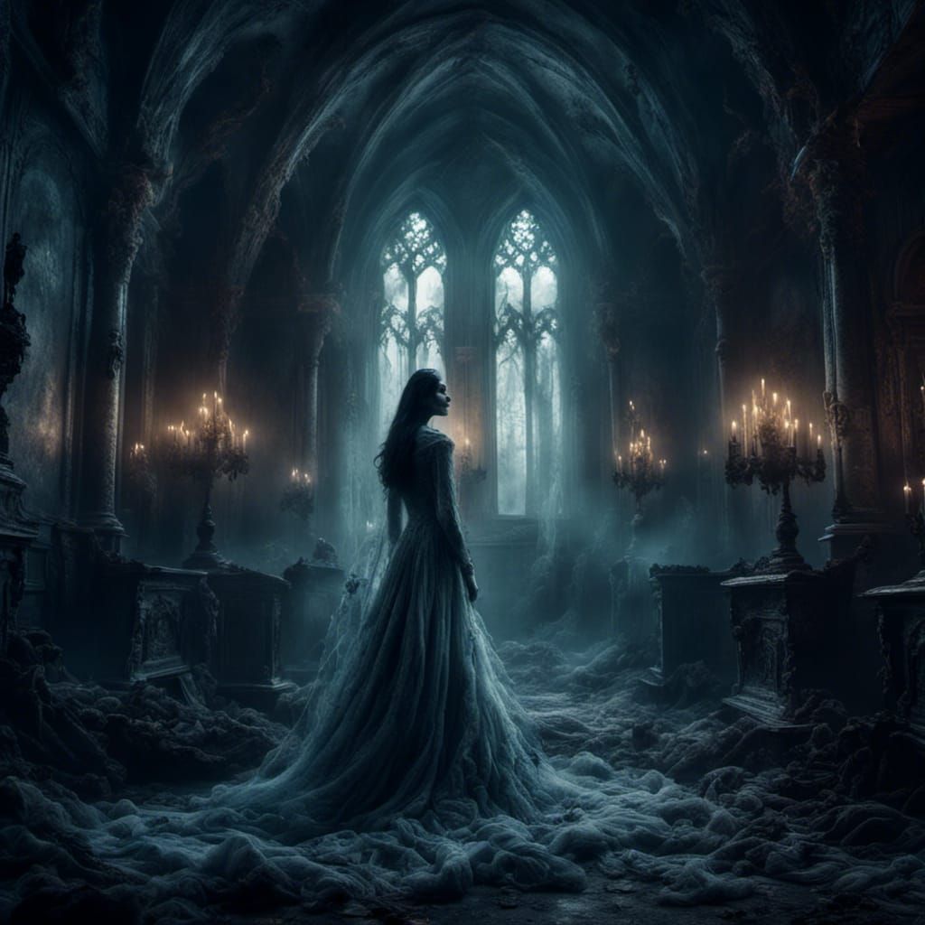 Female Vampire in Abandoned Chapel: Gothic Dark Fantasy