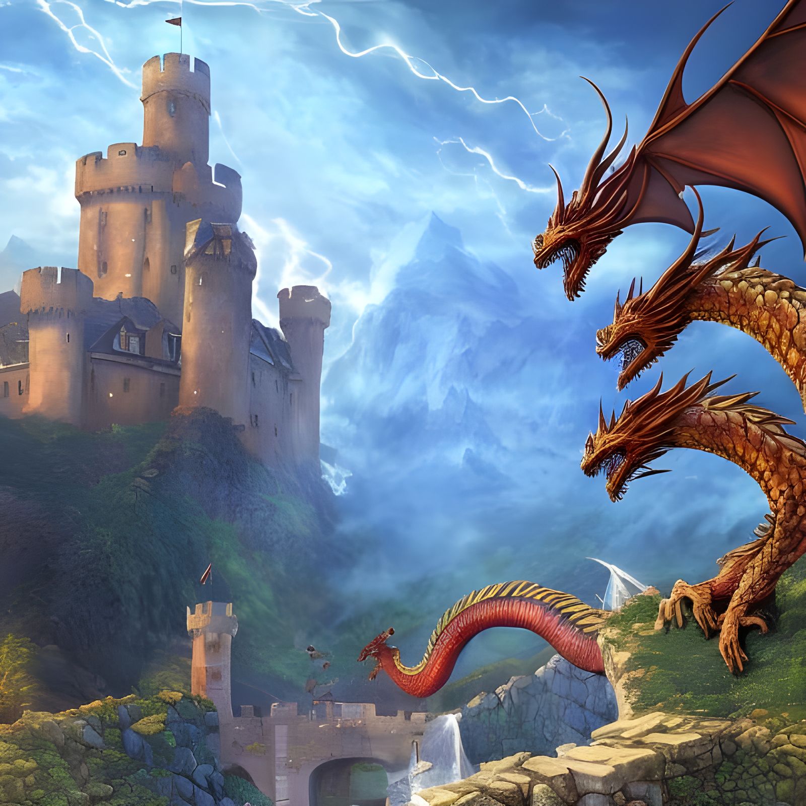 Hydra Dragon Attack on Castle: Digital Art