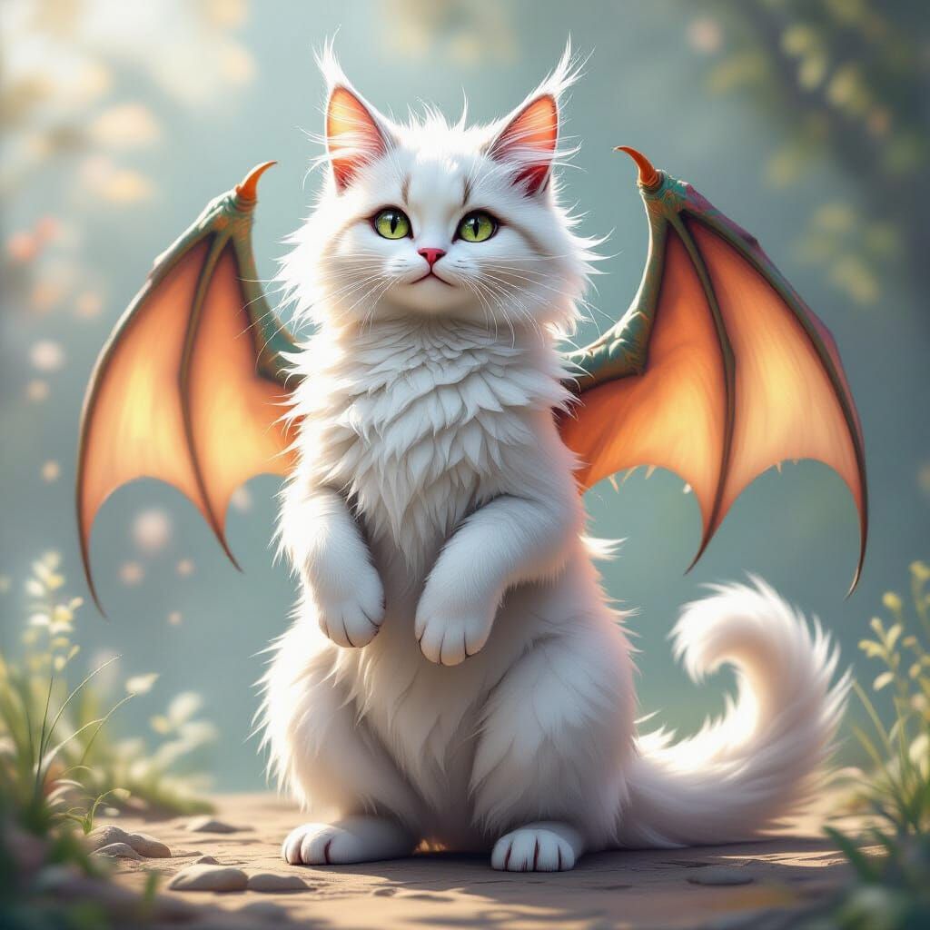 Dragon Cat with Iridescent Wings in Photorealistic Style