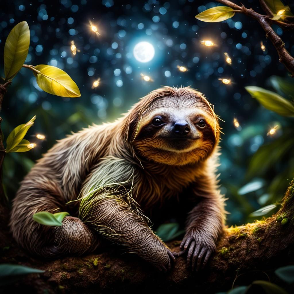baby sloth in a dark enchanted forest with fireflies at night