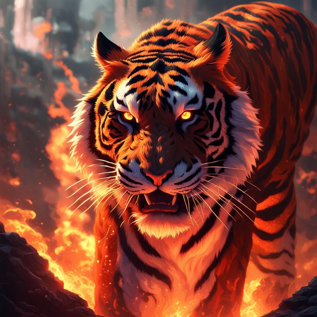 Fiery Tiger Digital Painting in Anime Style