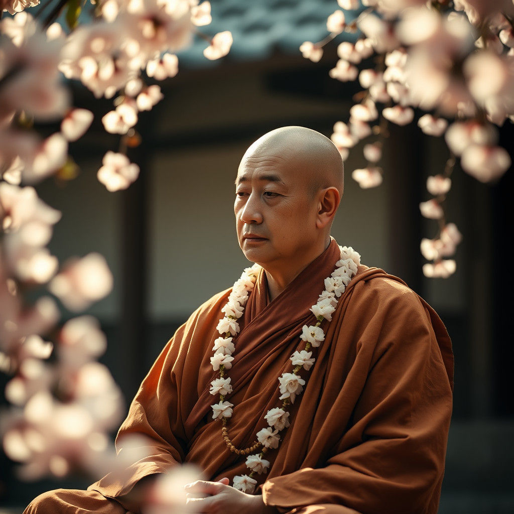 Serene Buddhist Monk in Contemplation with Cherry Blossoms