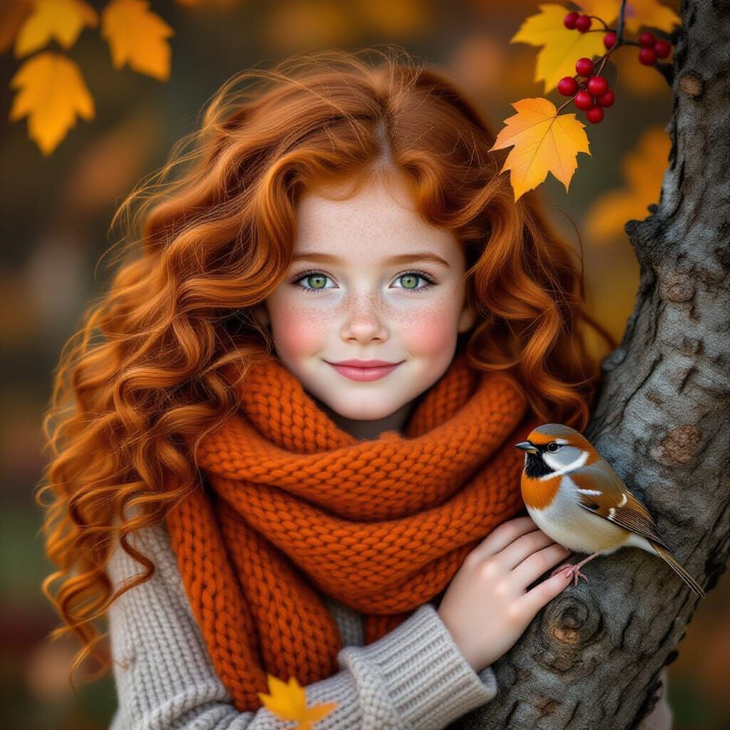 Autumn Girl with Red Hair and Knitted Scarf in Forest