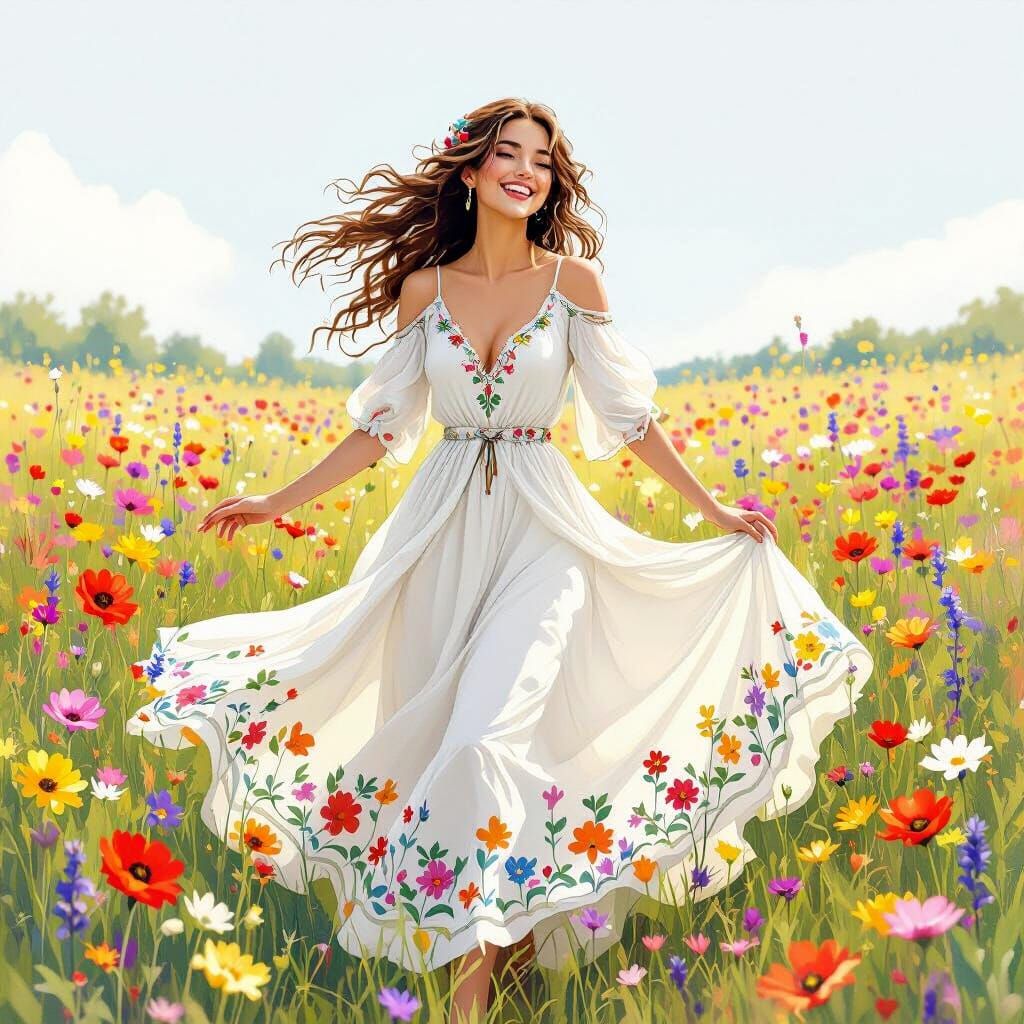Elvish Woman in Flower Field, Watercolor Art