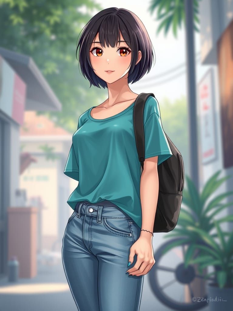 Thai Woman in Teal Shirt, Anime Style