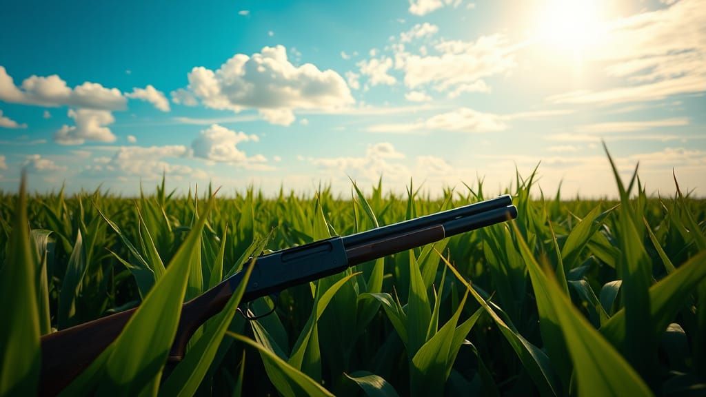 Serene Cornfield Scene with Hidden Shotgun Barrel in Vibrant...