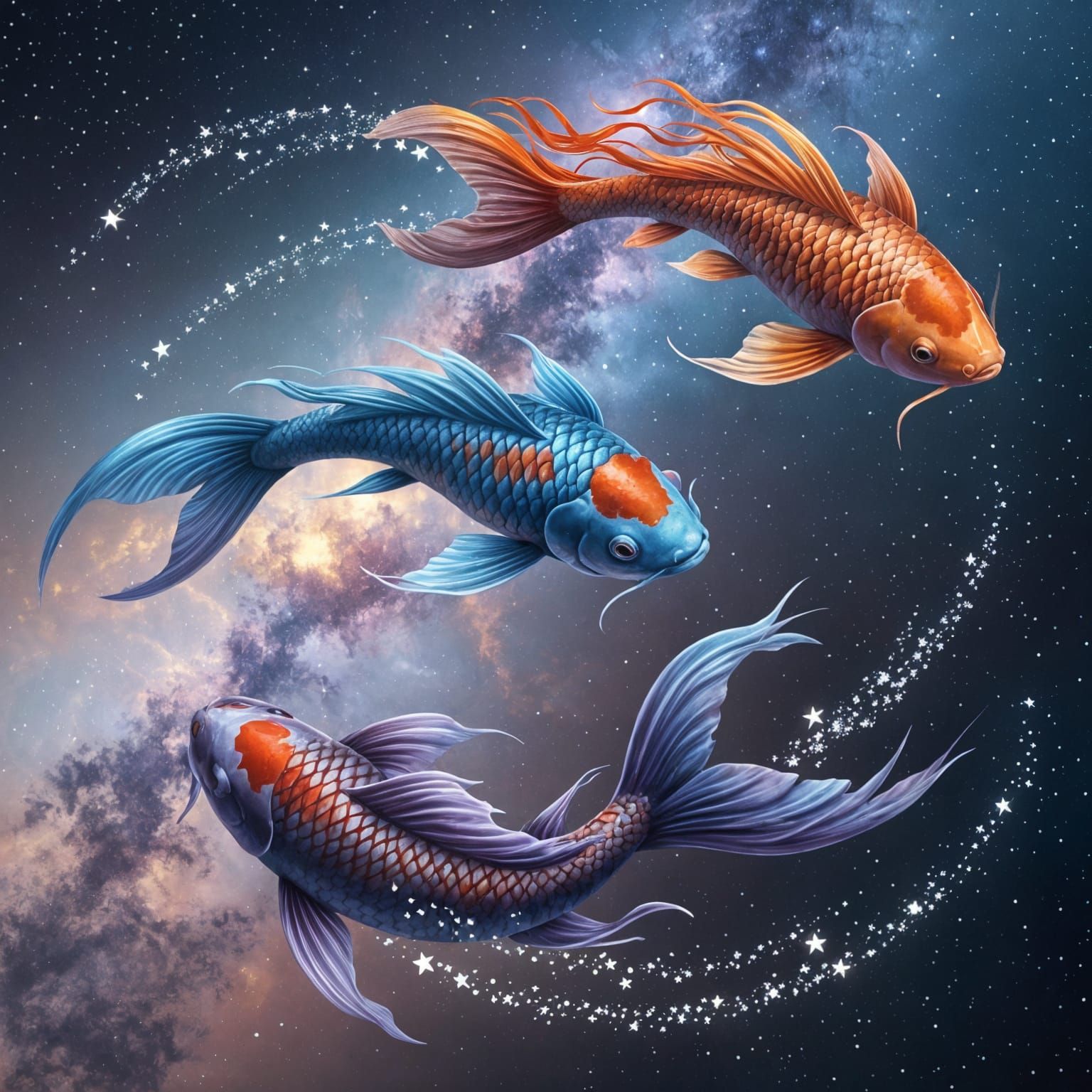 Colorful Koi Fish Swimming in Starry Sky
