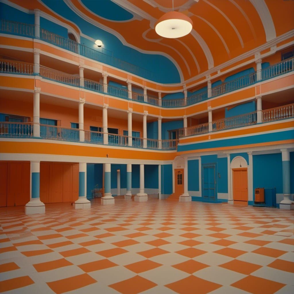 Surreal Dreamcore Architecture in Flat Orange and Blue