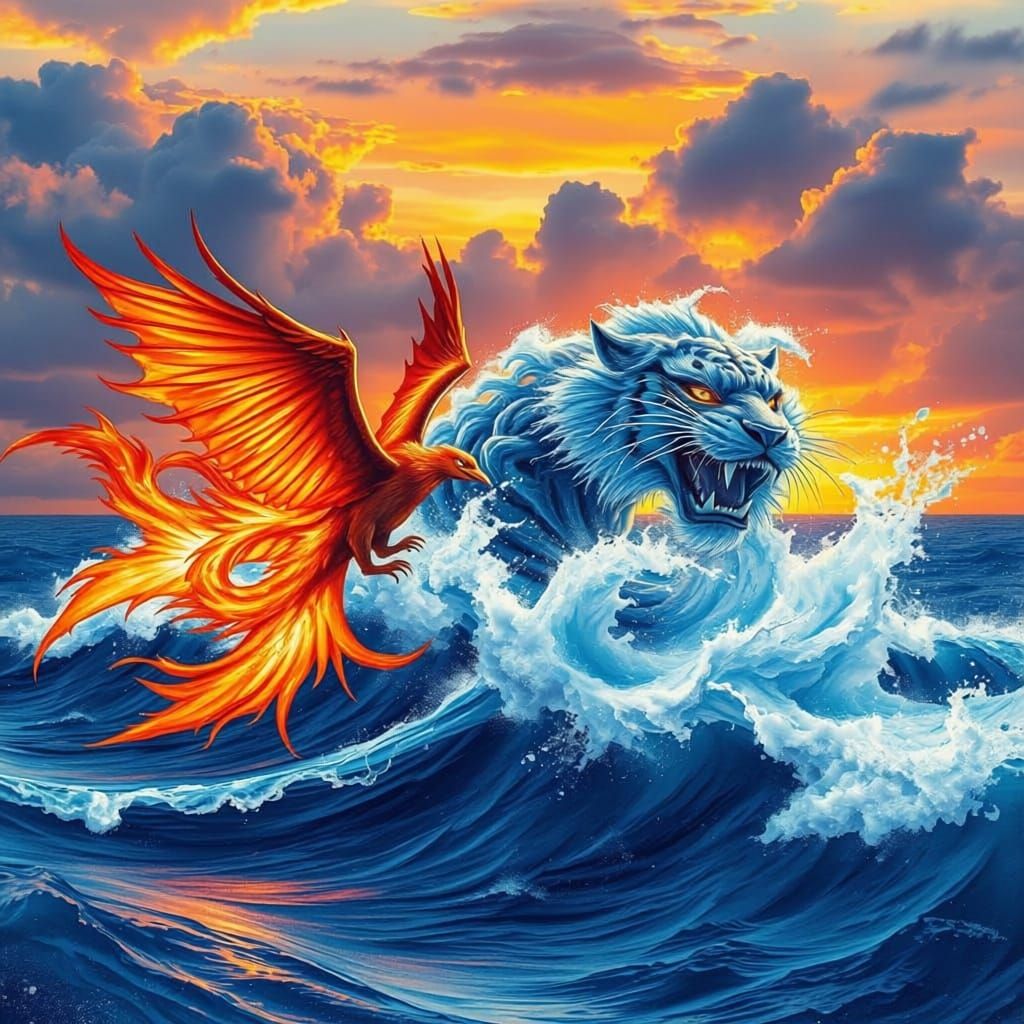 Firebird vs Water Tiger in Fiery Sunset Battle