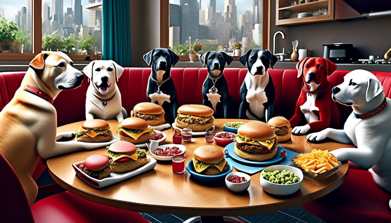 Dogs Enjoying a Massive Cheeseburger in a Loony Tunes Style ...