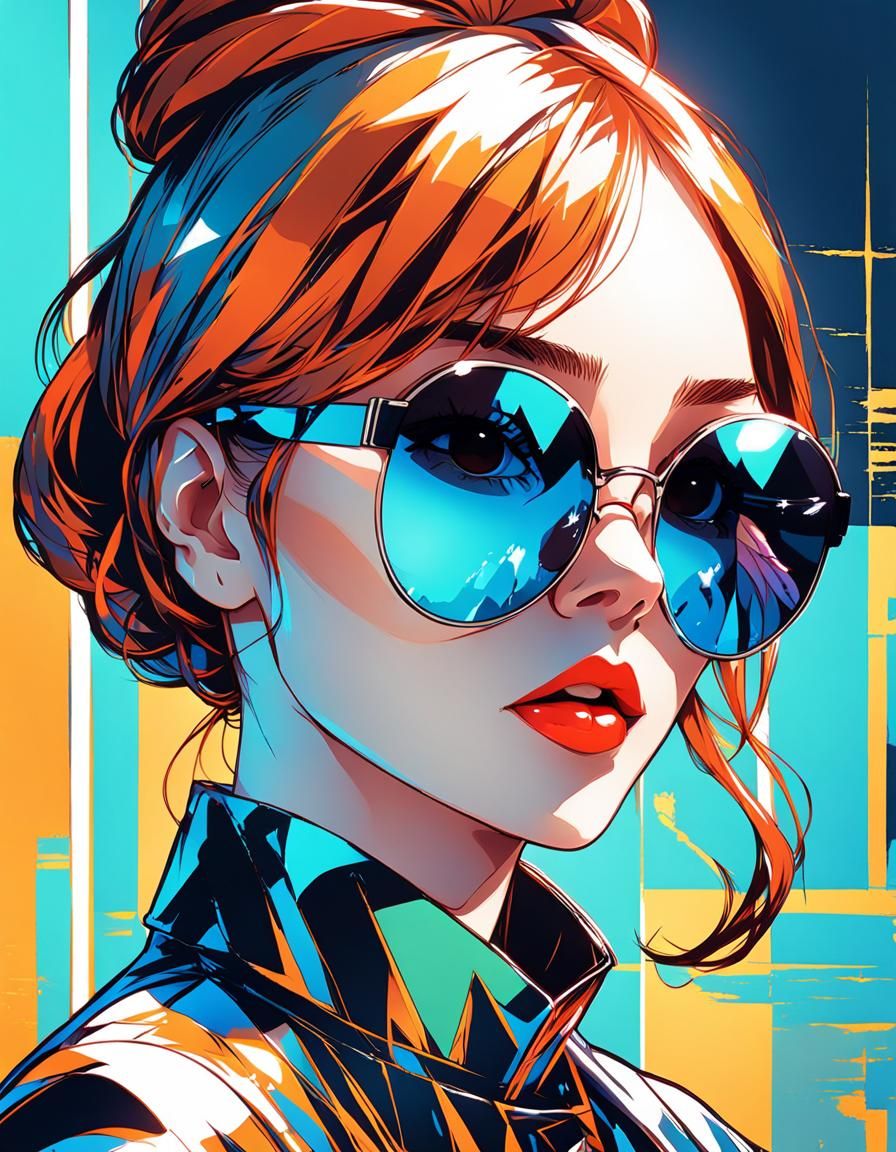 Woman in Mirrored Sunglasses, Manga Style Digital Art