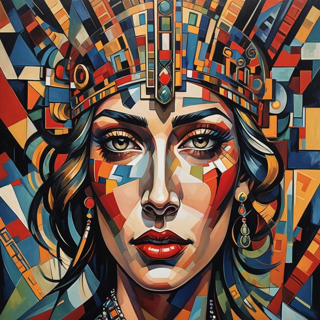 Cubist Woman with Geometric Shapes in Art Deco Style