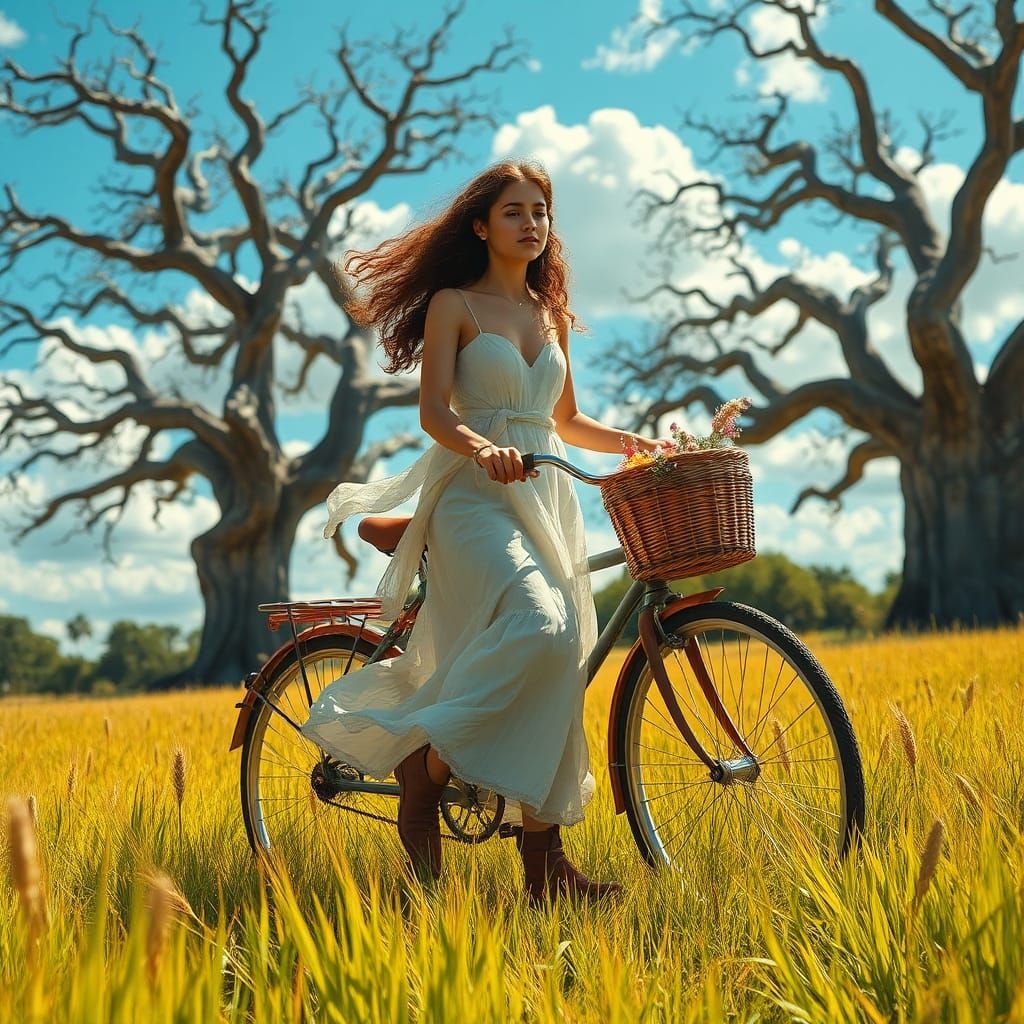 Woman Walks Bicycle Through Golden Wheat Field