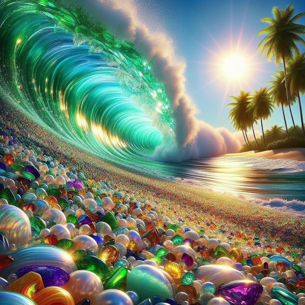 Seashore Covered in Glass and Pearls Under Tropical Sun