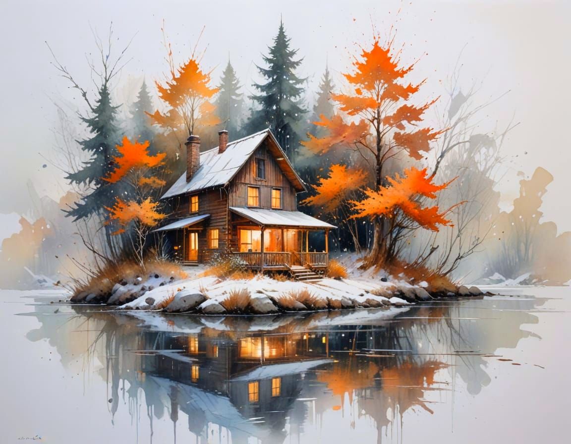 Cozy Cabin in Snowy Forest, Painterly Realism