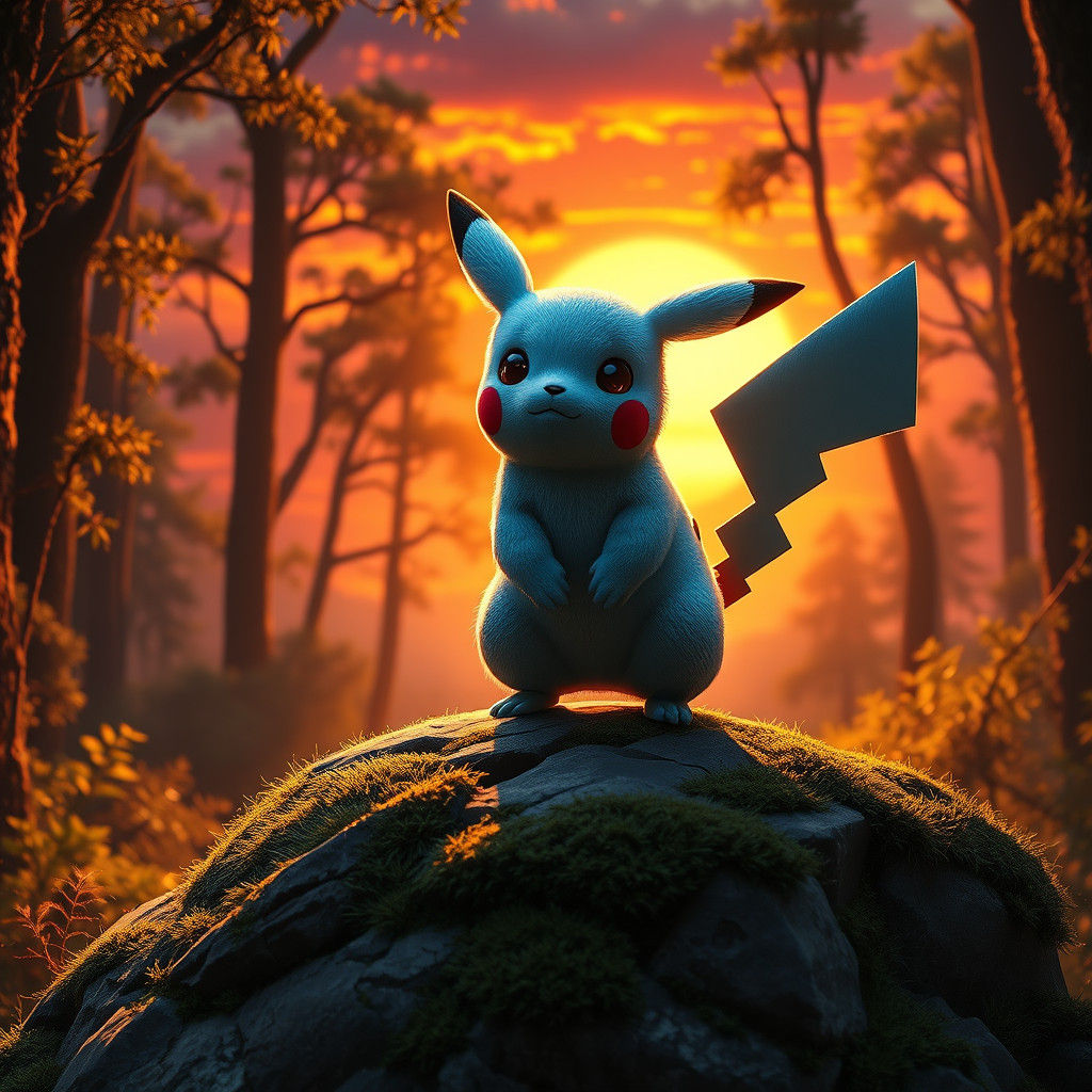 Blue Striped Pikachu Gazing at Forest Sunset