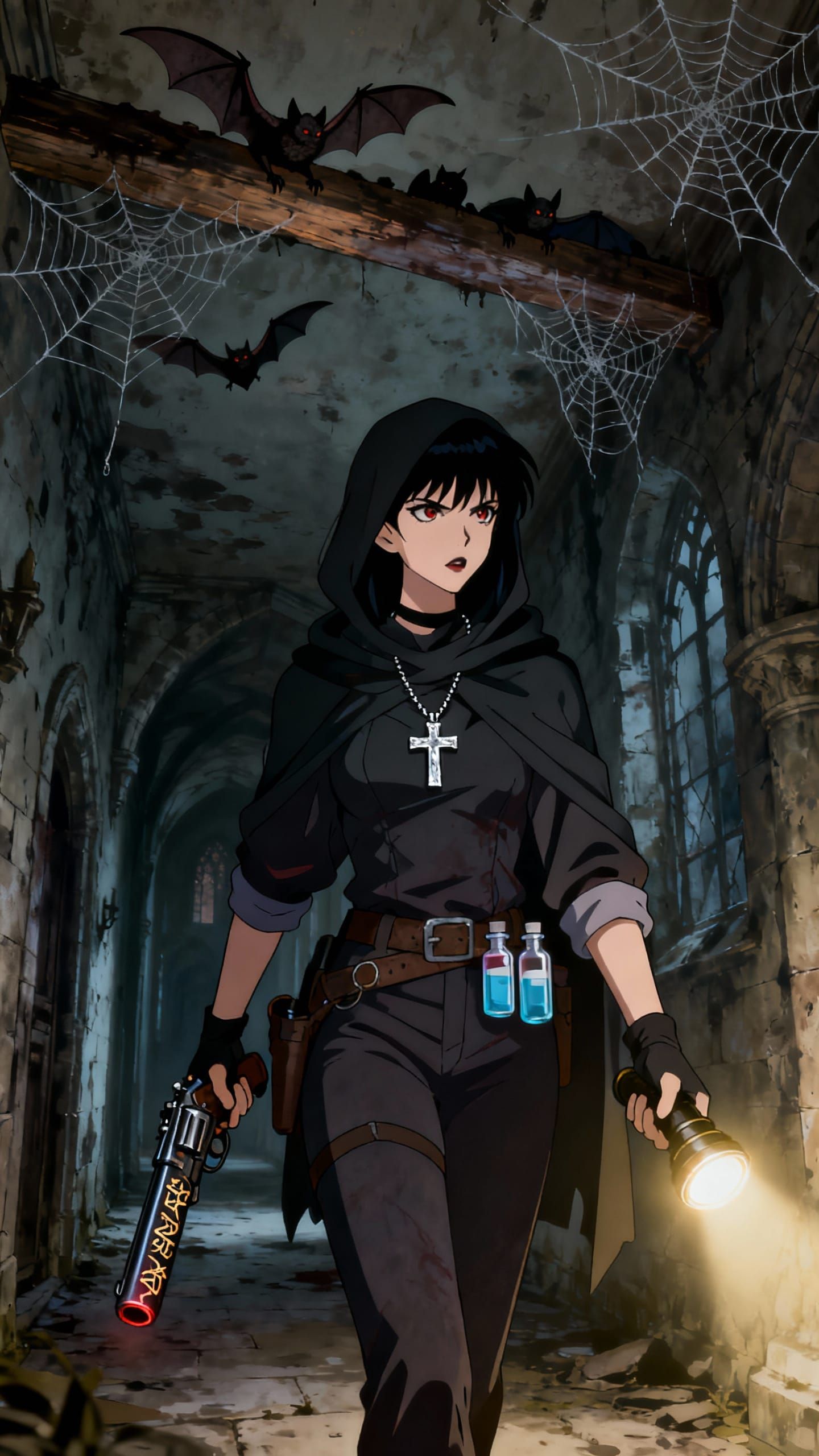 Vampire Hunter in Gloomy Castle Corridor