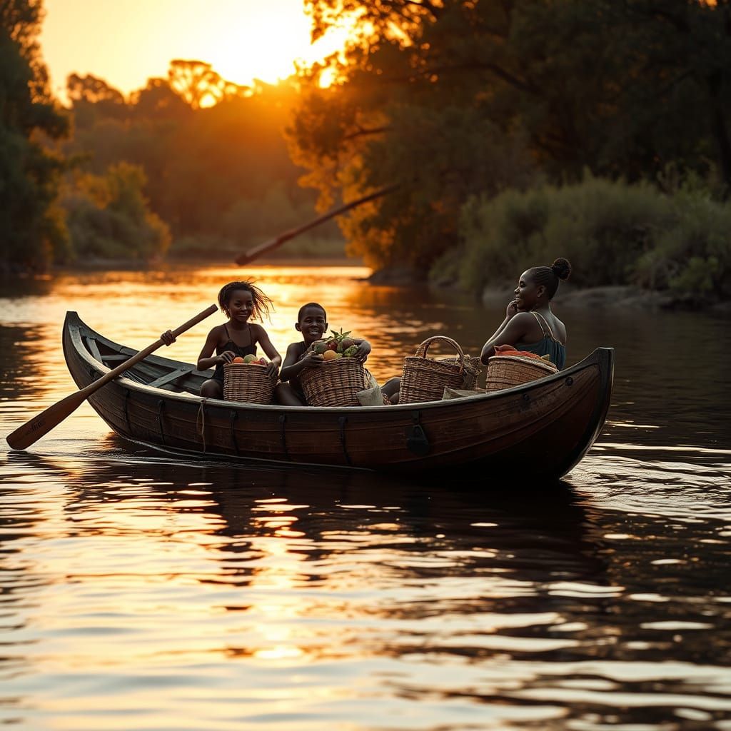 Aboriginal Family's River Journey at Sunset