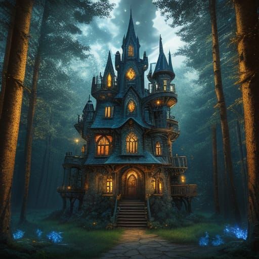 Steampunk Castle in Enchanted Forest with Galaxy Sky