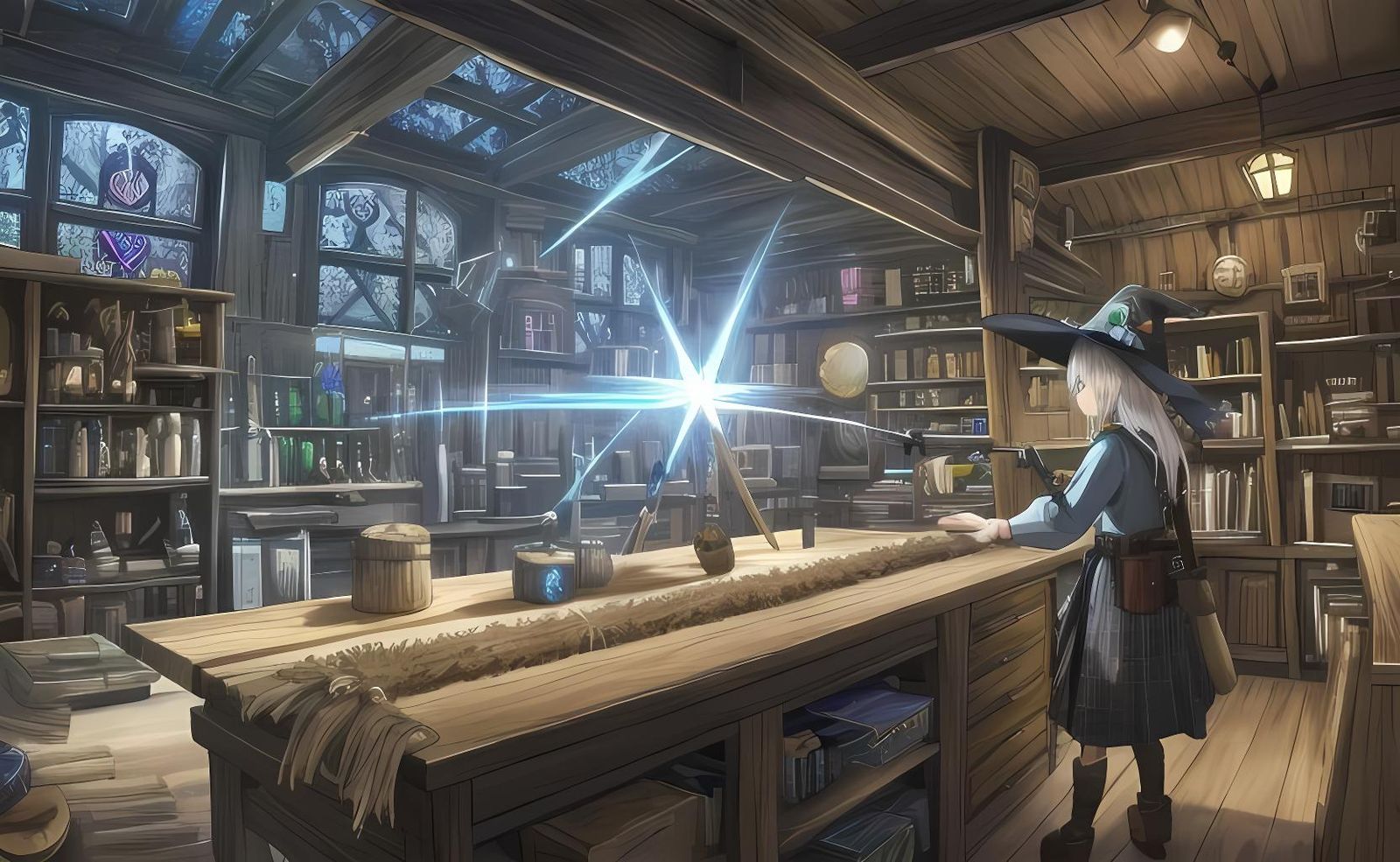 Whimsical Witch in Workshop Crafting Brooms