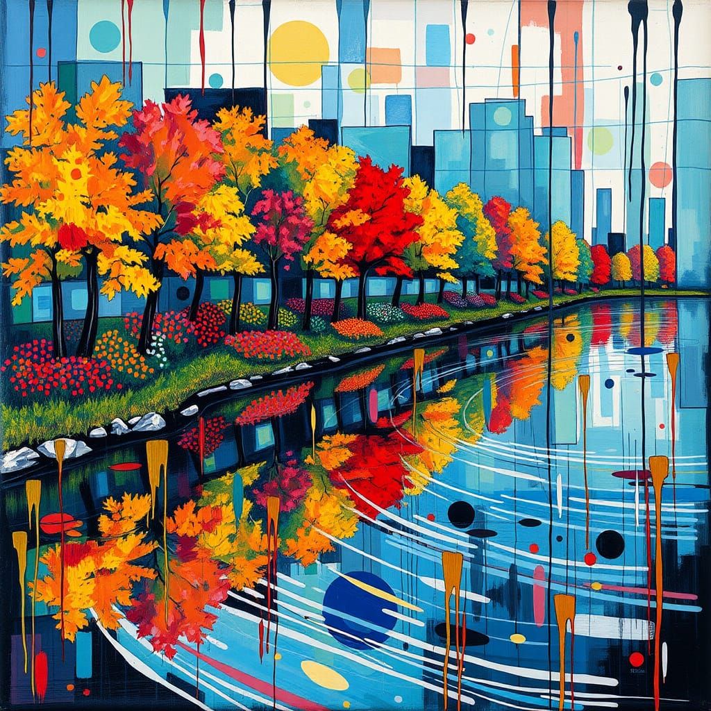 Autumn Riverbank Art Inspired by Naive Art