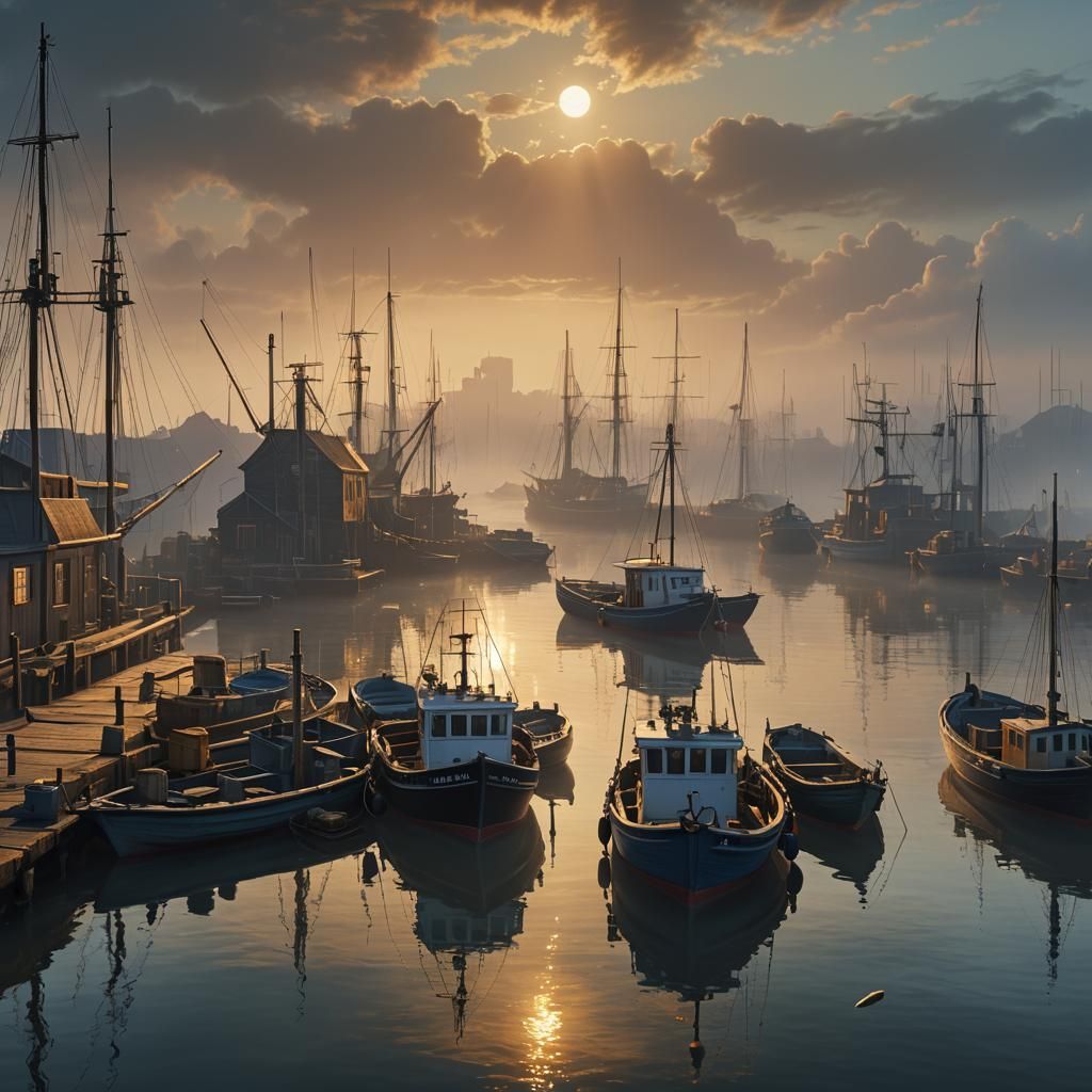 Foggy Harbor Sunrise: Fishing Boats in Golden Light