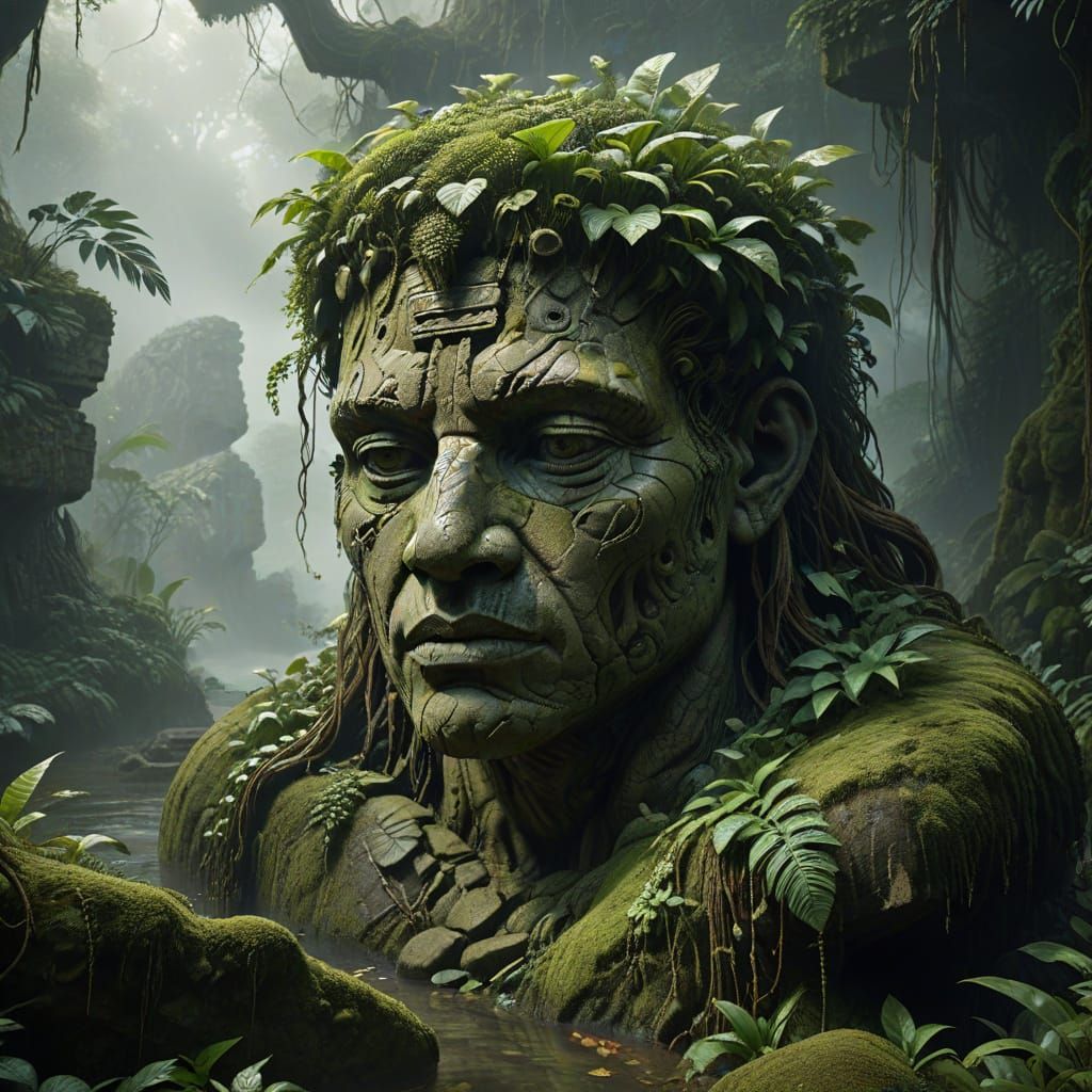 Ancient Stone Head in Misty Jungle