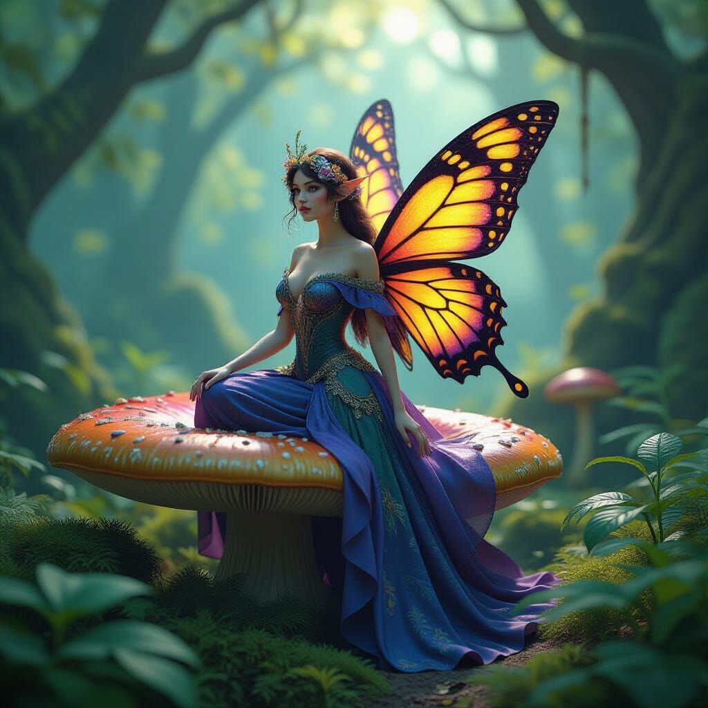 Butterfly Fairy in Mystical Mushroom Forest