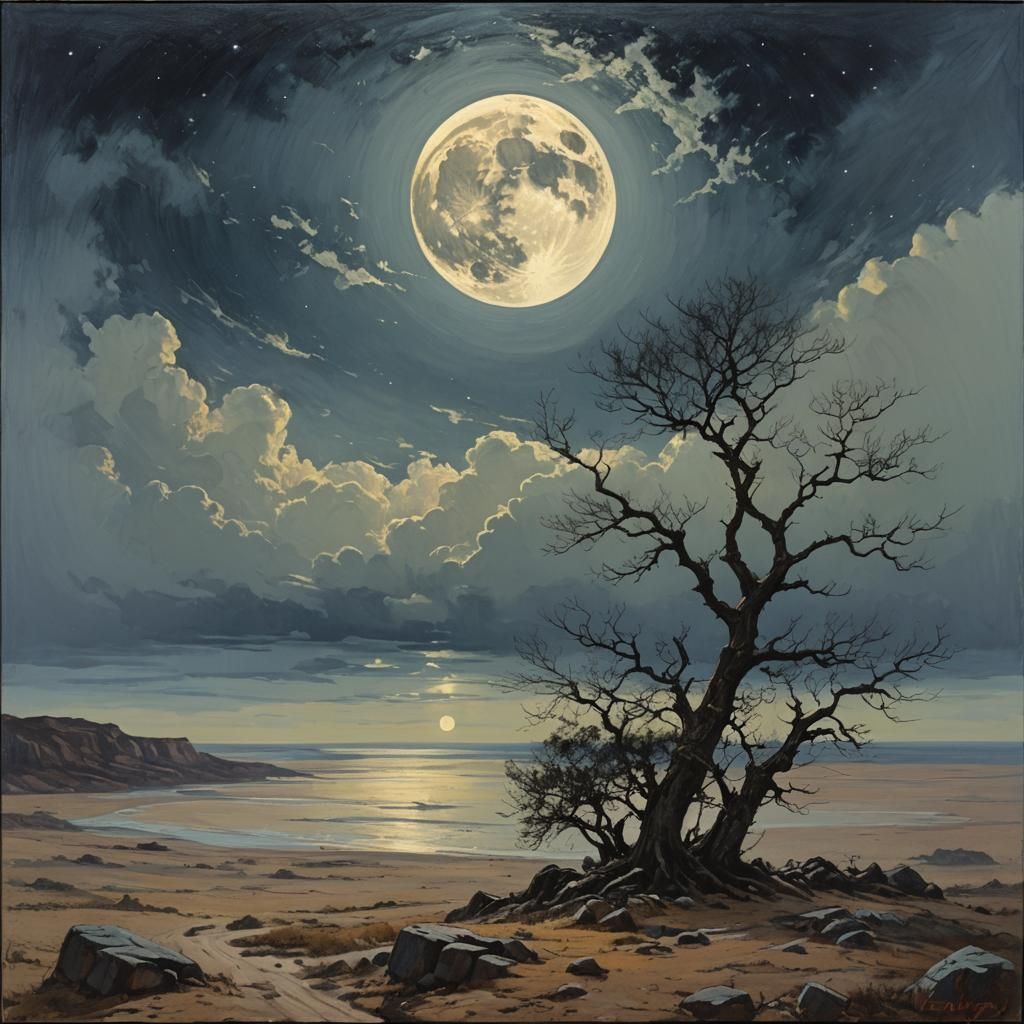 Muted Moonlit Scene in Oil Painting Style