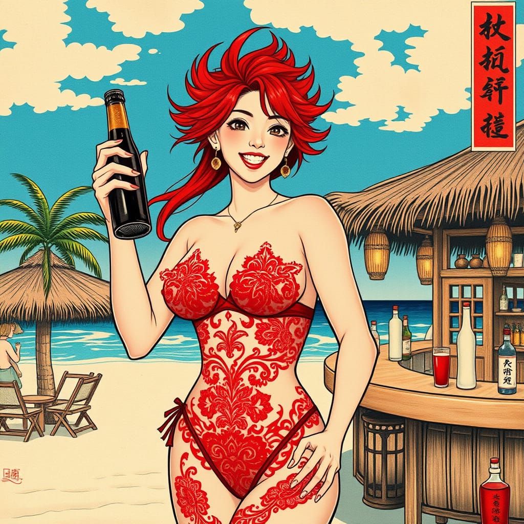 Chinese Woman on Beach in Ukiyo-e Style