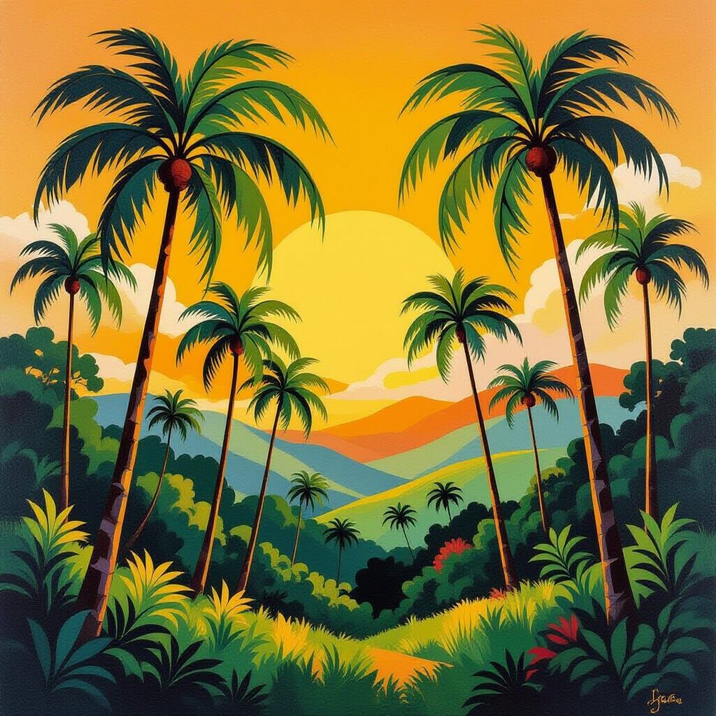 Surreal Palm Tree Landscape in Gauguin Style
