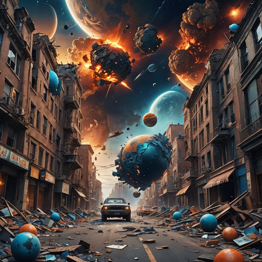 Planetary Collision Over Abandoned Cityscape in Sci-Fi Style
